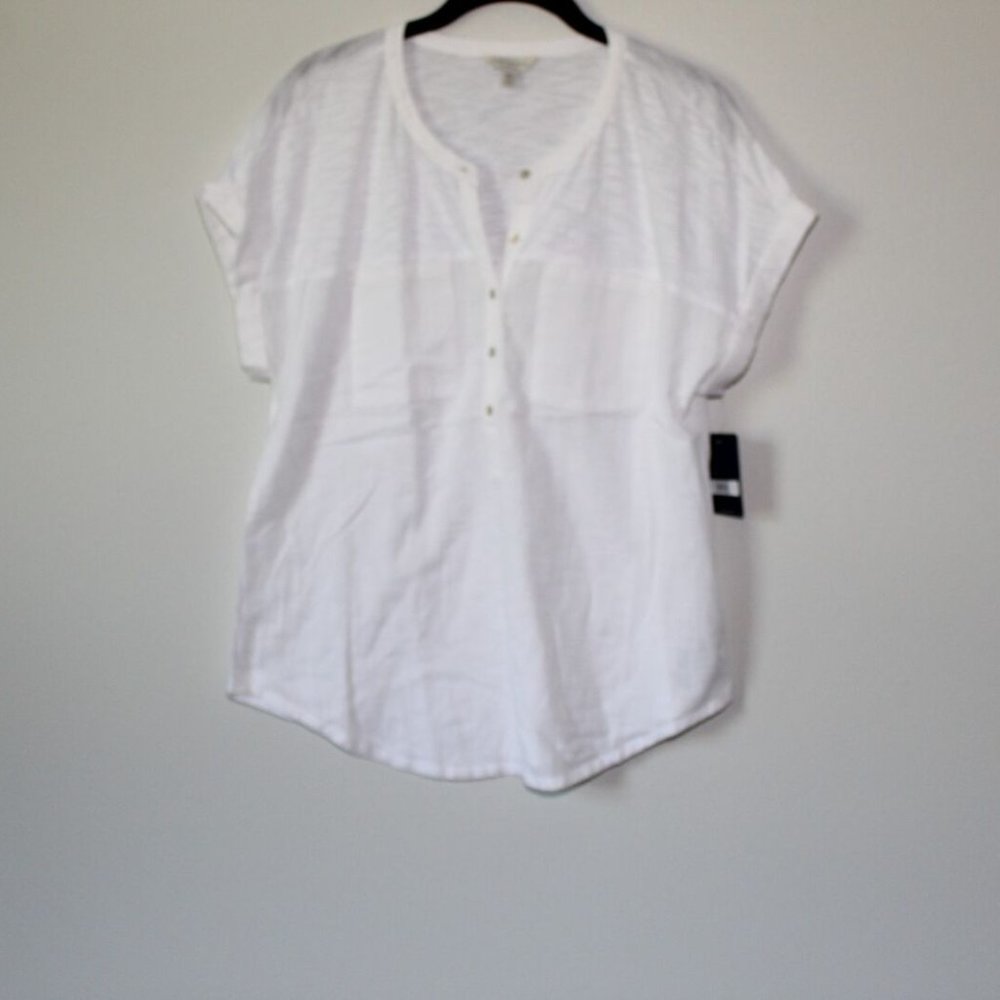 NWT Lucky Brand Short Sleeve Half Button Up Shirt White Women's Medium H13423 - Picture 9 of 10